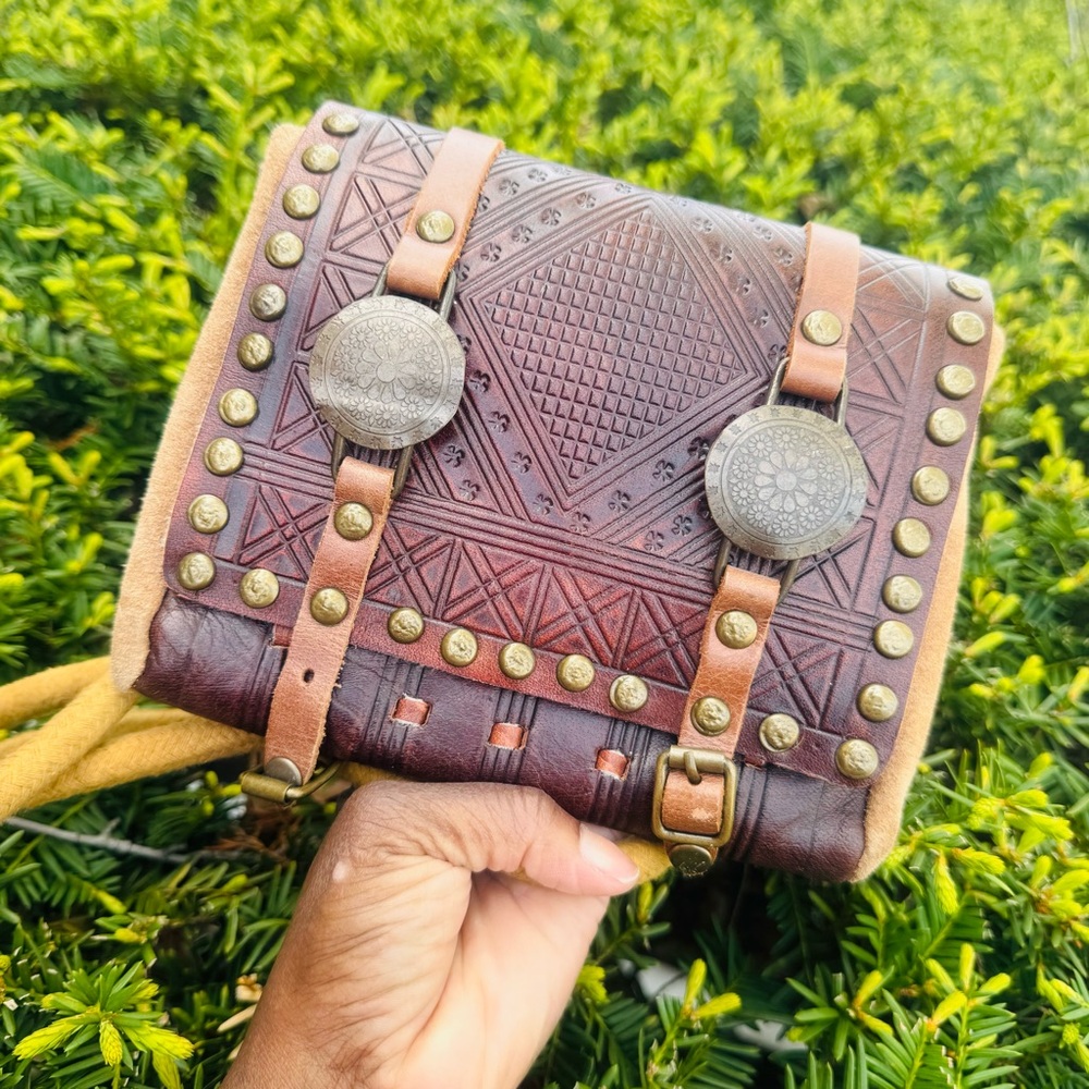 Brown Embossed Leather Crossbody Bag with Brass Accents - Picture 12 of 12